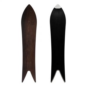 Sandy shapes Magnifica swallow-tail freeride snowboard in abonos wood