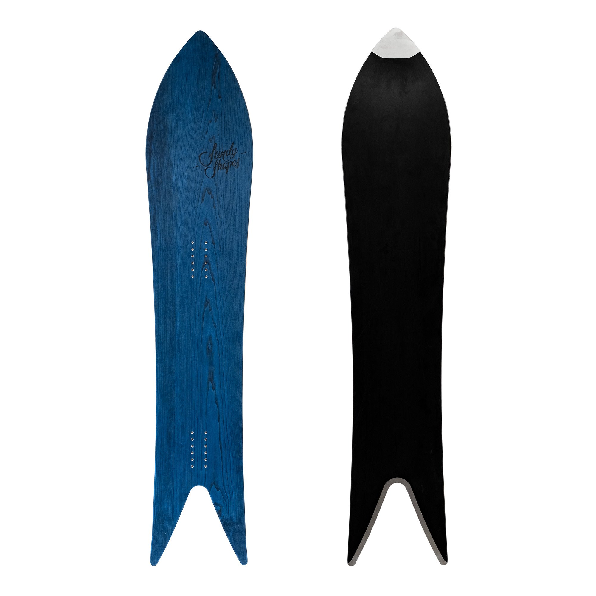 Sandy shapes Magnifica swallow-tail freeride snowboard in blue wood