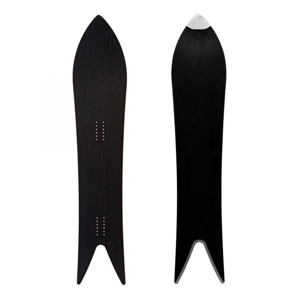 Sandy shapes Magnifica swallow-tail freeride snowboard in black wood