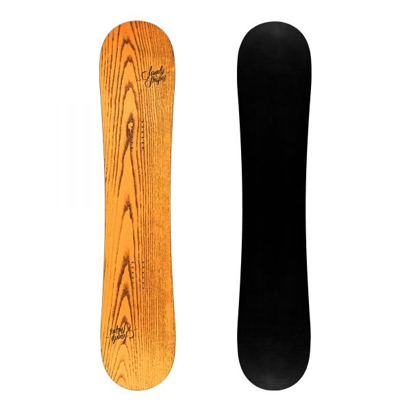 Sandy shapes Ribelle, twin-tip freestyle snowboard in orange wood